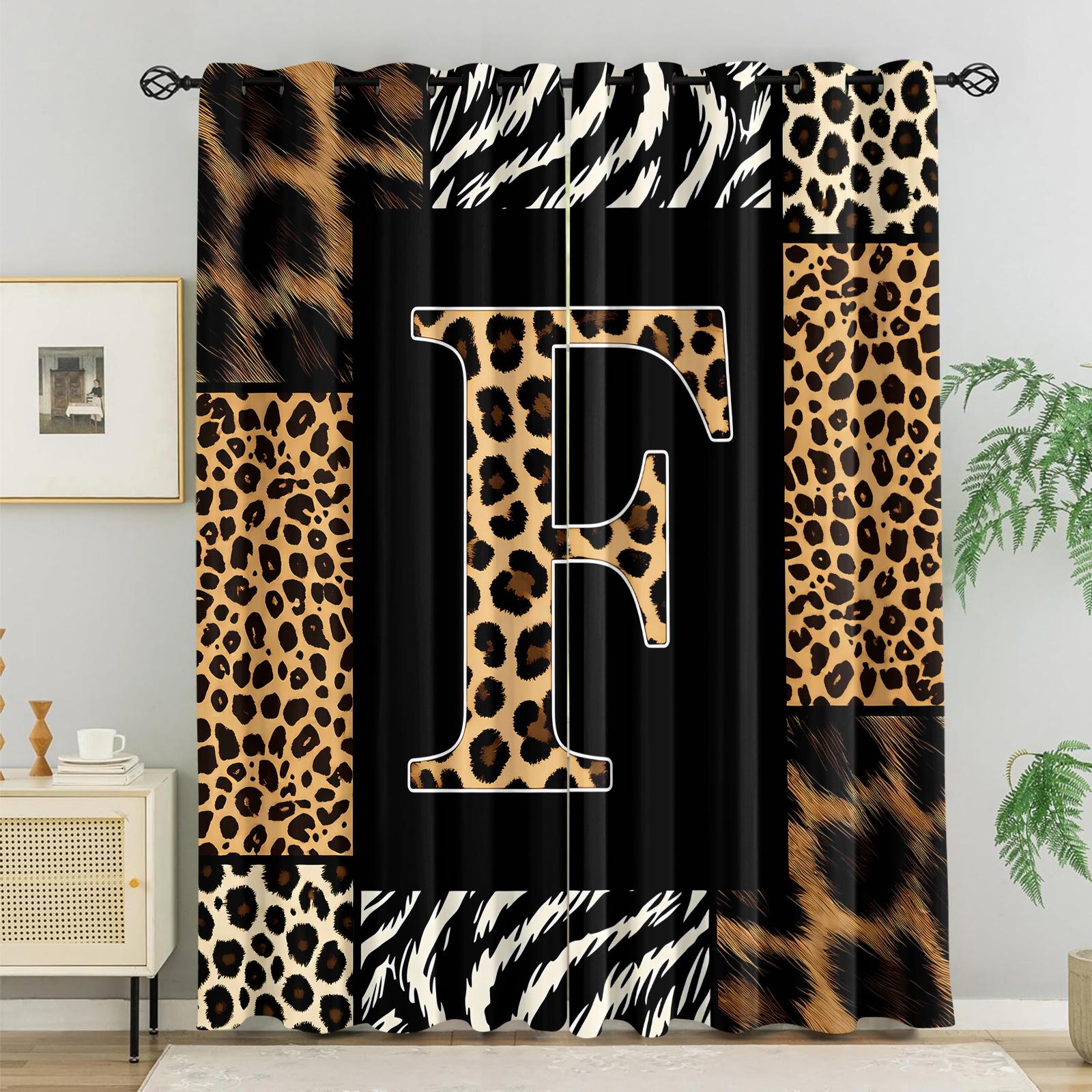 2 Panels 26 Letters Leopard Print Curtains, 80%-90% Light Blocking Curtains, Alphabet Printed Curtains, Stylish Decor Curtains for Bedroom Living Room, Wild Style Window Drapes, Ideal Gift