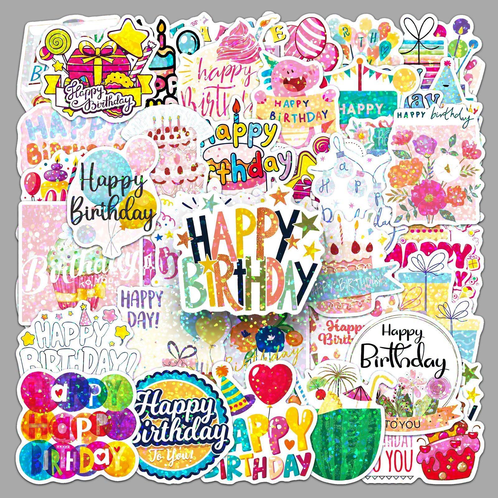 50pcs Happy Birthday Stickers, Colorful Party Waterproof Vinyl Decals, Cute Birthday Cake Balloon Stickers, Birthday Gift Pack for Teens Adults