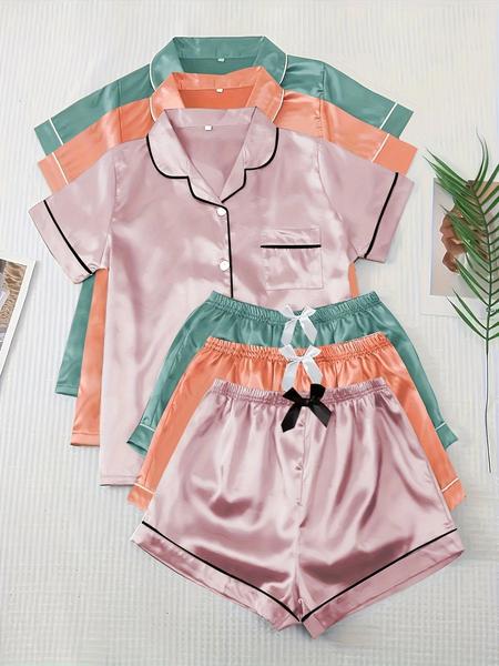 Women's Pyjama Set, Comfort PJ Set for Homewear, Short Sleeve Button Shirt & Elastic Waist Shorts, Women's Sleepwear for Summer, Loungewear, Pajama Set