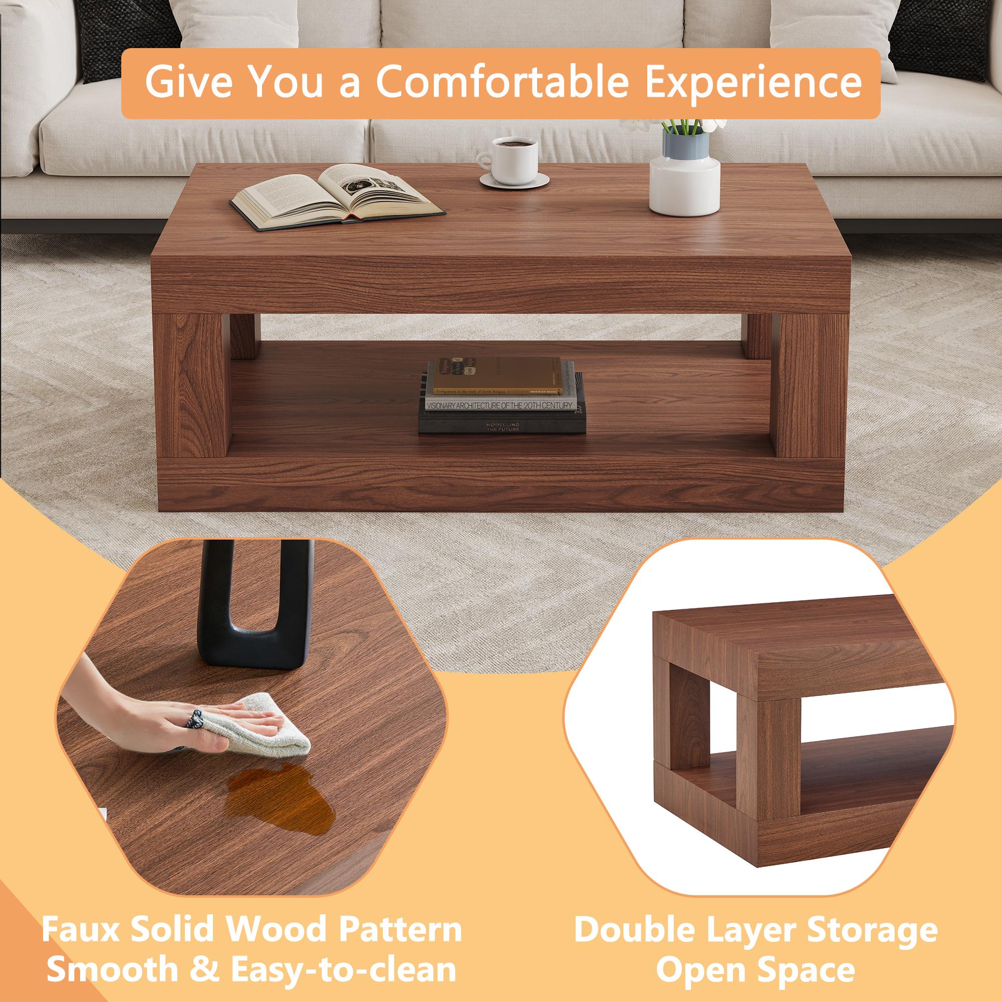 Modern 2-Tier Coffee Table for Living Room Furniture,Rectangular Center Table with Open Storage Shelf.The double layered coffee table is made of MDF material.Stable and Durable,Easy Assembly Modern 2-Tier Coffee Table for Living Room Furniture,Rectangular Center Table with Open Storage Shelf.The double layered coffee table is made of MDF material.Stable and Durable,Easy Assembly
