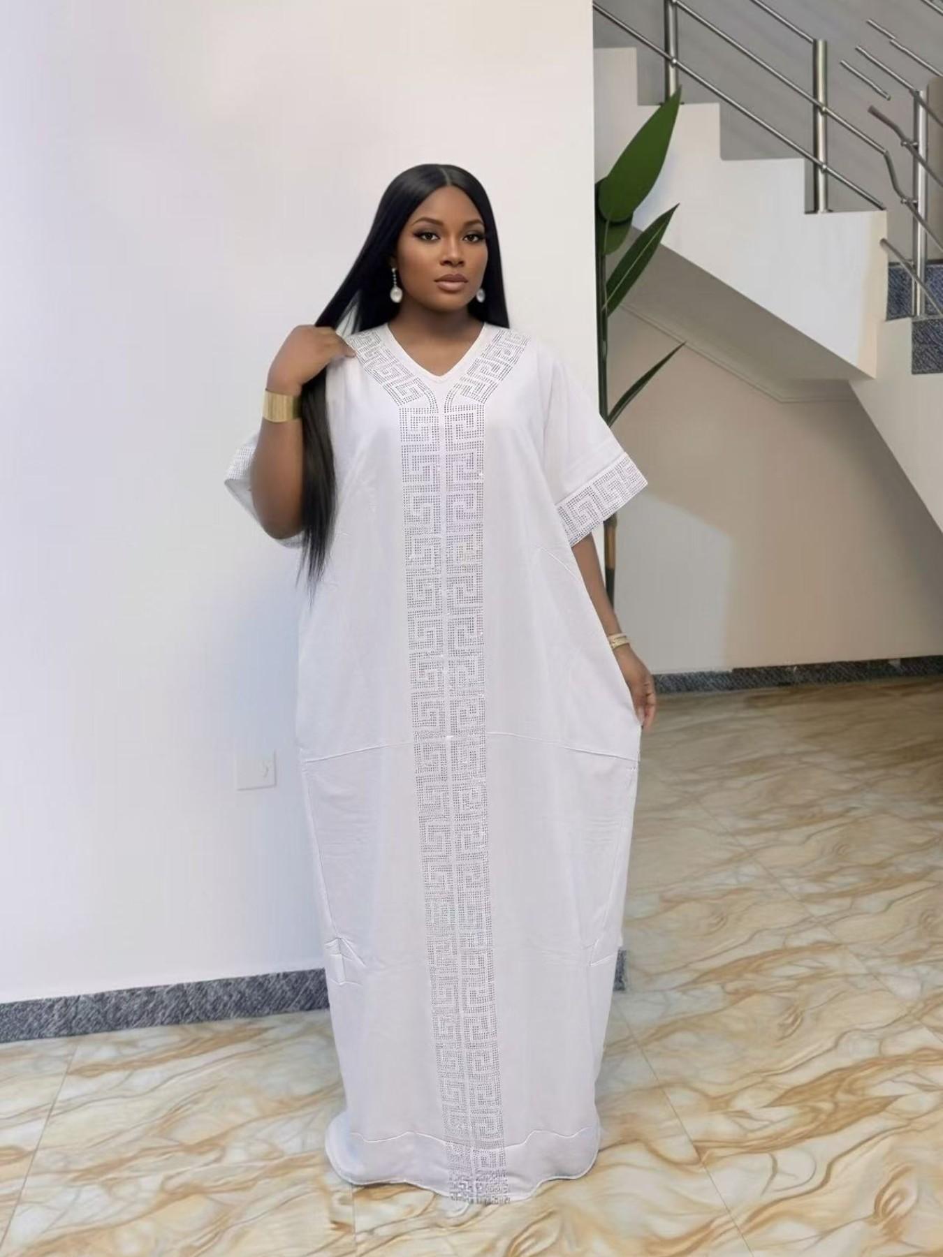 2026 African Nigerian Style Women's Islamic Clothing Rhinestone Loose Boubou Kaftan Dress, Elegant Solid Color, Muslim Ethnic Robe with Matching Scarf & Pockets, Daily Party Wear