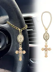 Steering wheel rosary ornament, Virgin Mary cross steering wheel decoration, Catholic rosary pendant, car accessory, Car hanging decoration, cross keychain, adjustable chain, fashion accessory, car interior decoration, suitable for car decoration