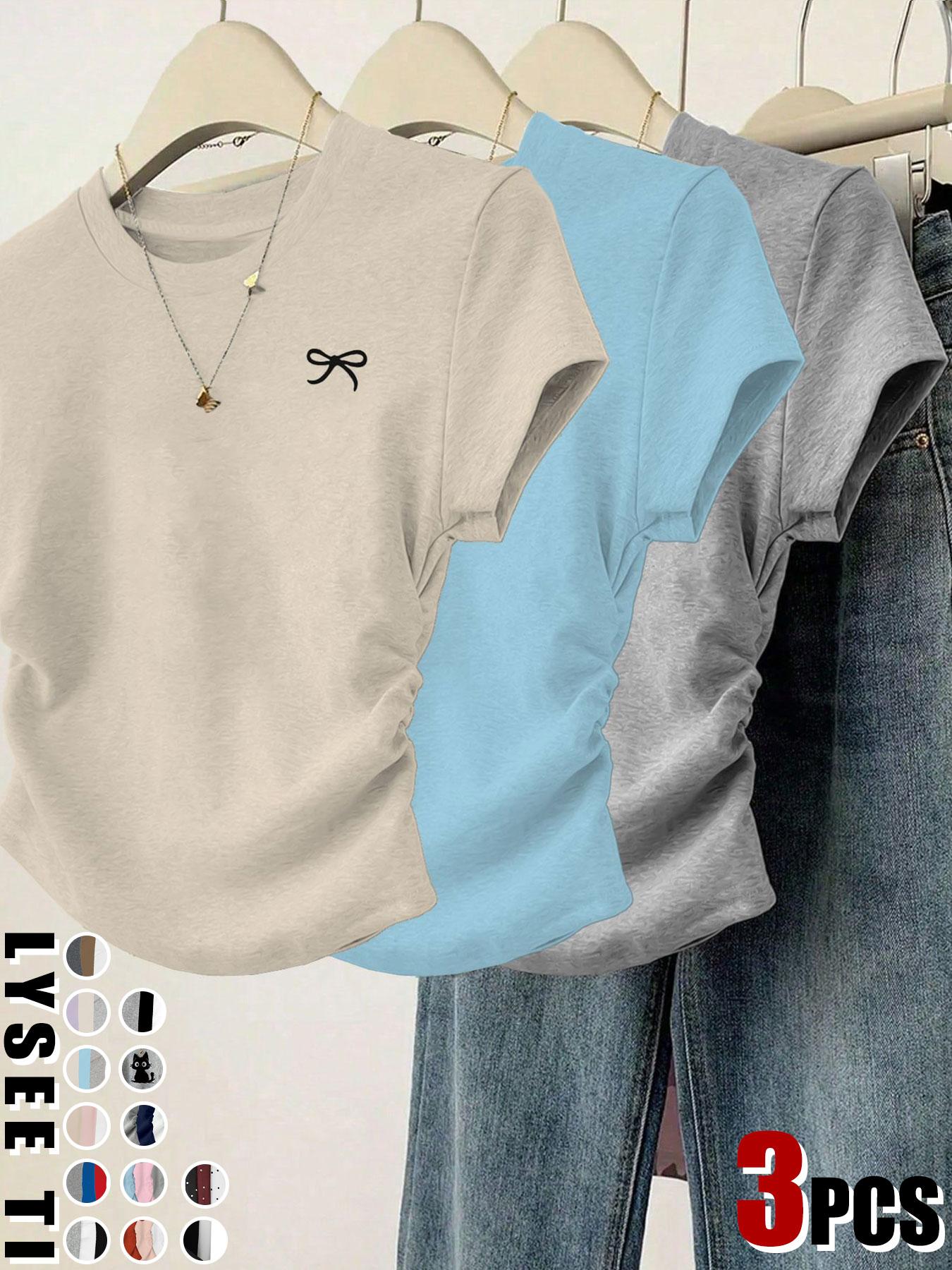3pcs/1pc women's casual fashion slim fit small bow print details simple solid color pleated pullover shirt women's round neck short sleeved three piece T-shirt