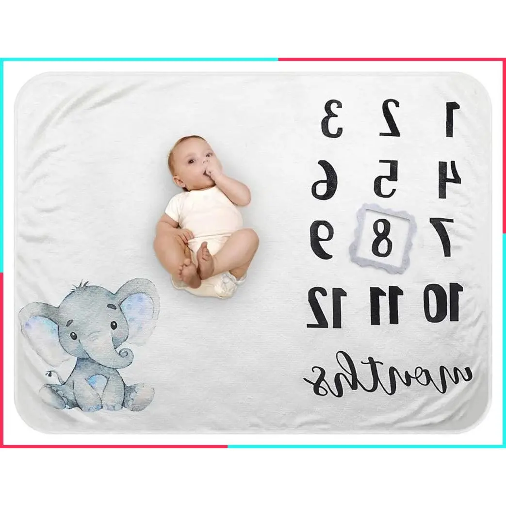 Baby Monthly Milestone Blanket - Organic Plush Fleece Photography Background Prop with Frame for Newborn Boy Girl, Soft Elephant Design, Large 47''x40''