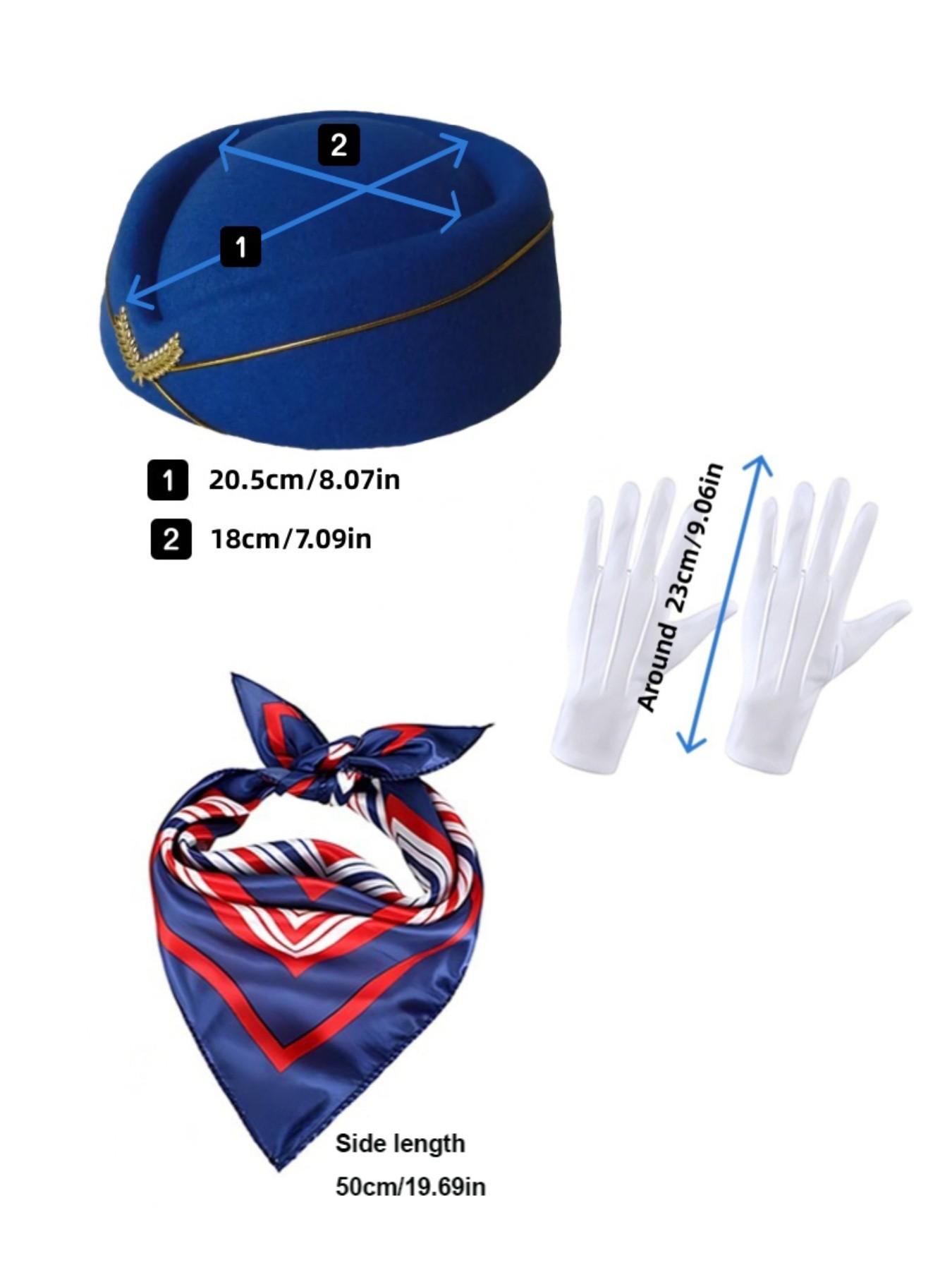 3-Piece Holiday Flight Attendant Costume Set for Women, Includes Hat, Scarf, Gloves, Perfect for Role Play, Vintage Stewardess
