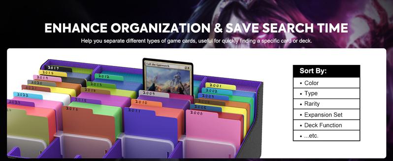 MoKo Trading Card Storage Box, 3000+ MTG Deck Box with 24 Colorful Dividers & 4 Card Supporters, Commander Card Deck Case Fits for Magic Game Cards, YugiOh, TCG, PTG and Sport Cards, Black Purple Holiday Vibes Collectible Dice Tray