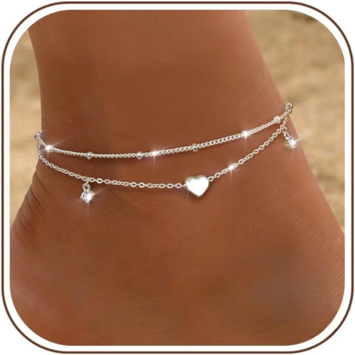 CASSIECA Adjustable Layered Anklets for Women, Waterproof Butterfly Beaded CZ Heart Ankle Chains Suitable for Beach Wear , Foot Jewelry, Beach Charm Anklets Sohochic