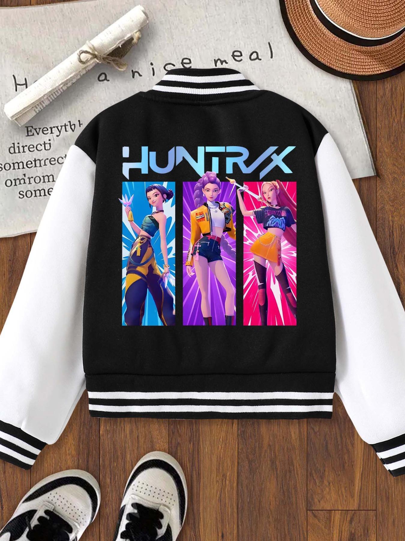 Girls Short Baseball Jacket Coat, Colorblock Print Jacket, Casual Jackets, Casual Sports School Uniform, Elastic Fabric, Trendy Kids Clothing, Fall & Winter Halloween Option