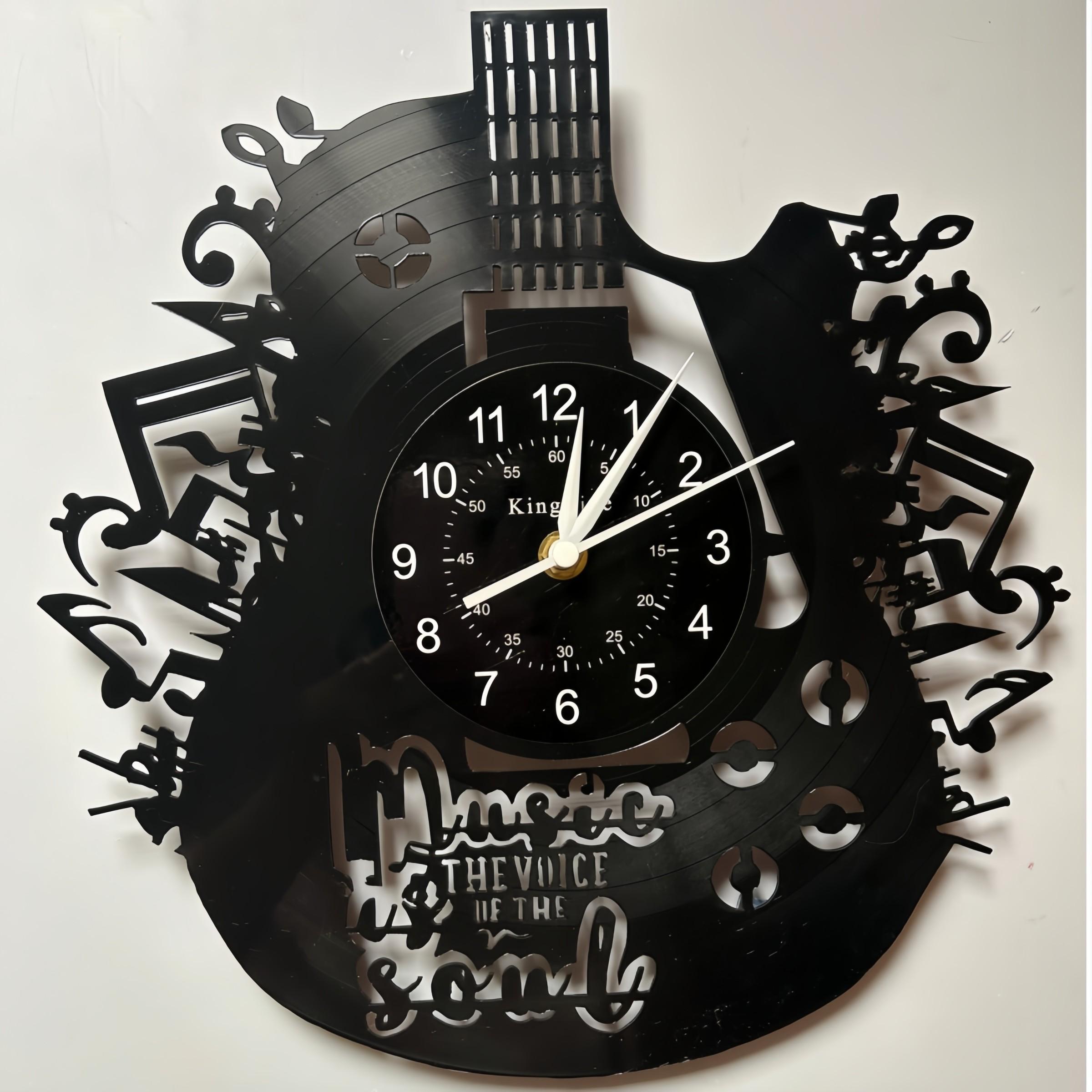Guitar Shape Vinyl Wall Clock, Musical Notes Design, Inspirational Quote, Artistic Decor for Living Room, Music Room, Studio, Guitar Shop