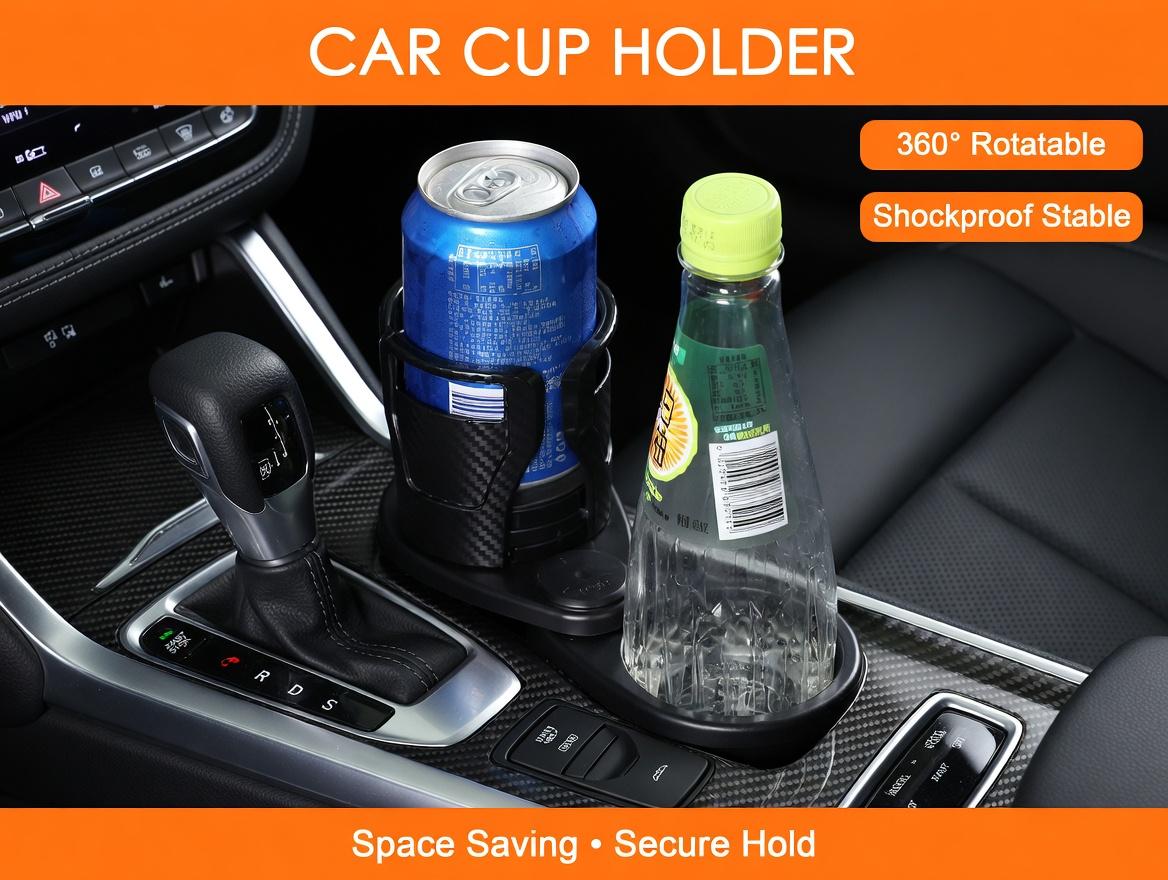 2-in-1 Rotating Car Cup Holder Carbon Fiber Black - Double Layer Expandable Drink Holder with Extra Storage Tray, Universal Fit Most Vehicles