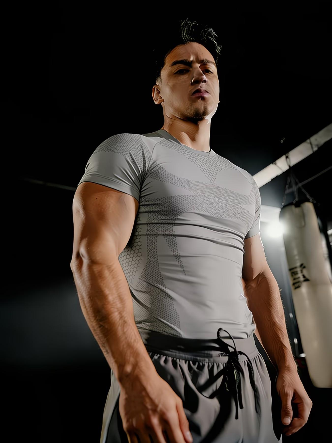 Men's Honeycomb Patchwork Quick-Dry Fitted T-Shirt, Stretch Breathable Wrinkle-Resistant, Boxing Running Fitness Daily Wear