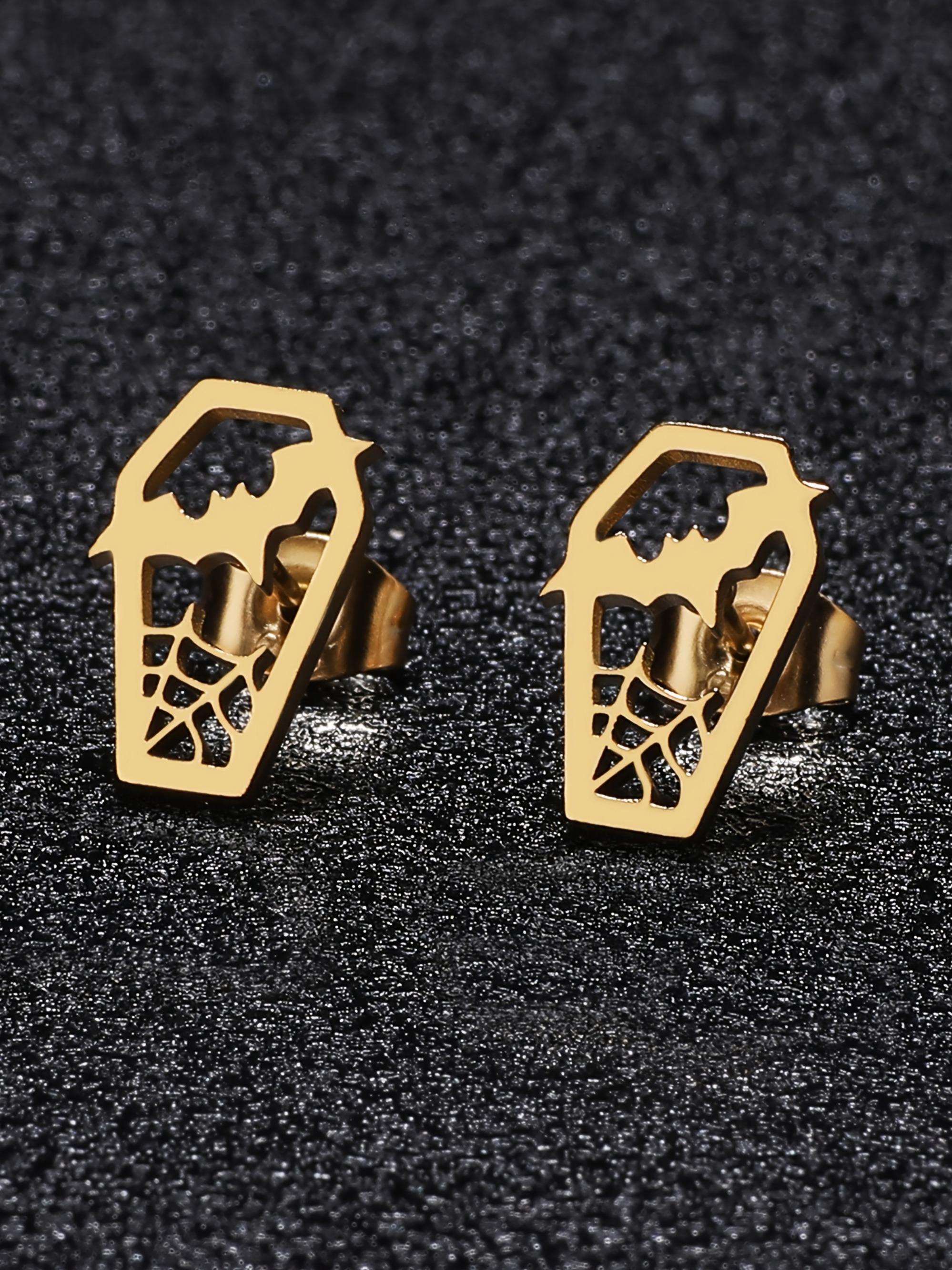 Unisex Silver Stainless Steel Gothic Bat-Coffin Stud Earrings - Witchy Spooky Jewelry, 1 Size, Lightweight Hypoallergenic, Fashionable Jewelry Accessories, Coffin Shape Halloween Fashion Accessory