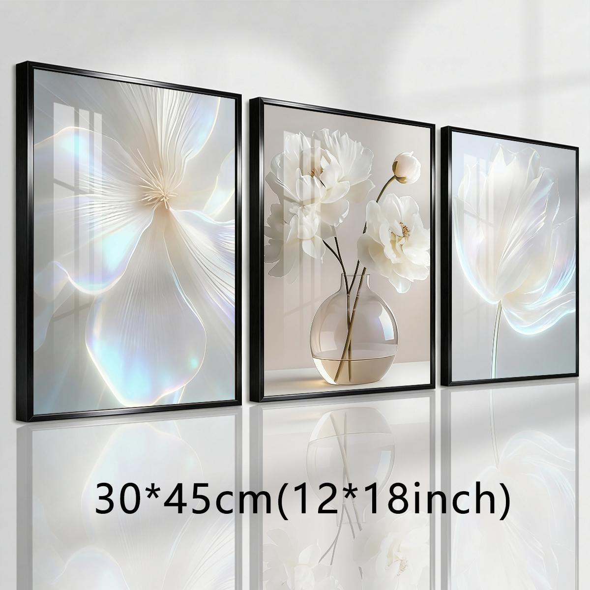 3 Counts Aluminum Alloy Framed Painting, White Floral Vase Artwork, Home Decoration For Living Room, Bedroom, Office, Restaurant, Hallway Wall Decor, Odorless Print Artwork, Luxury Perfect Gift For Friends And Family