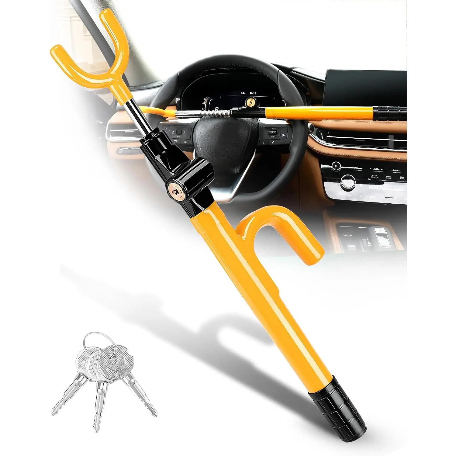 Steering Wheel Lock - Anti Theft Device with Adjustable Car Wheel Lock, 3 Keys (Yellow)