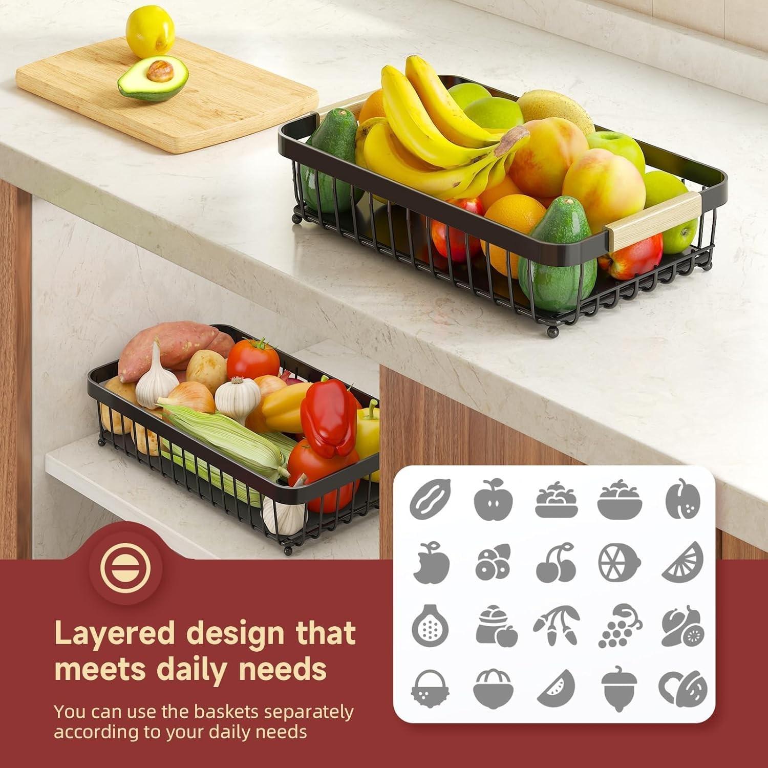 Double Layer Large Fruit Basket, Kitchen Countertop Organizer, Includes Two Removable Banana Hooks, Durable Storage Solution