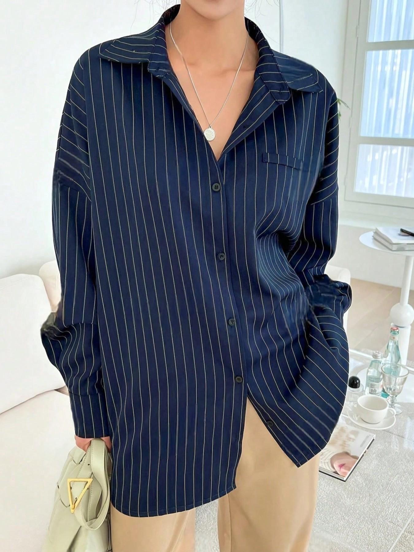 Women's Vertical Striped Drop Shoulder Long Sleeve Button Shirt, Casual Breathable Comfortable Loose Blouse, Fall Fashion Top