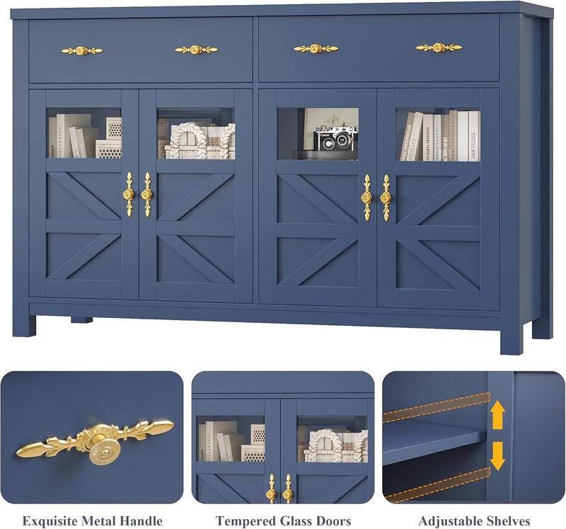 Buffet Cabinet with Storage, 55.1" Large Sideboard Buffet Table, Modern Sideboard Kitchen Cabinet with 4  Doors, Wood Coffee Bar for Kitchen Dining Room