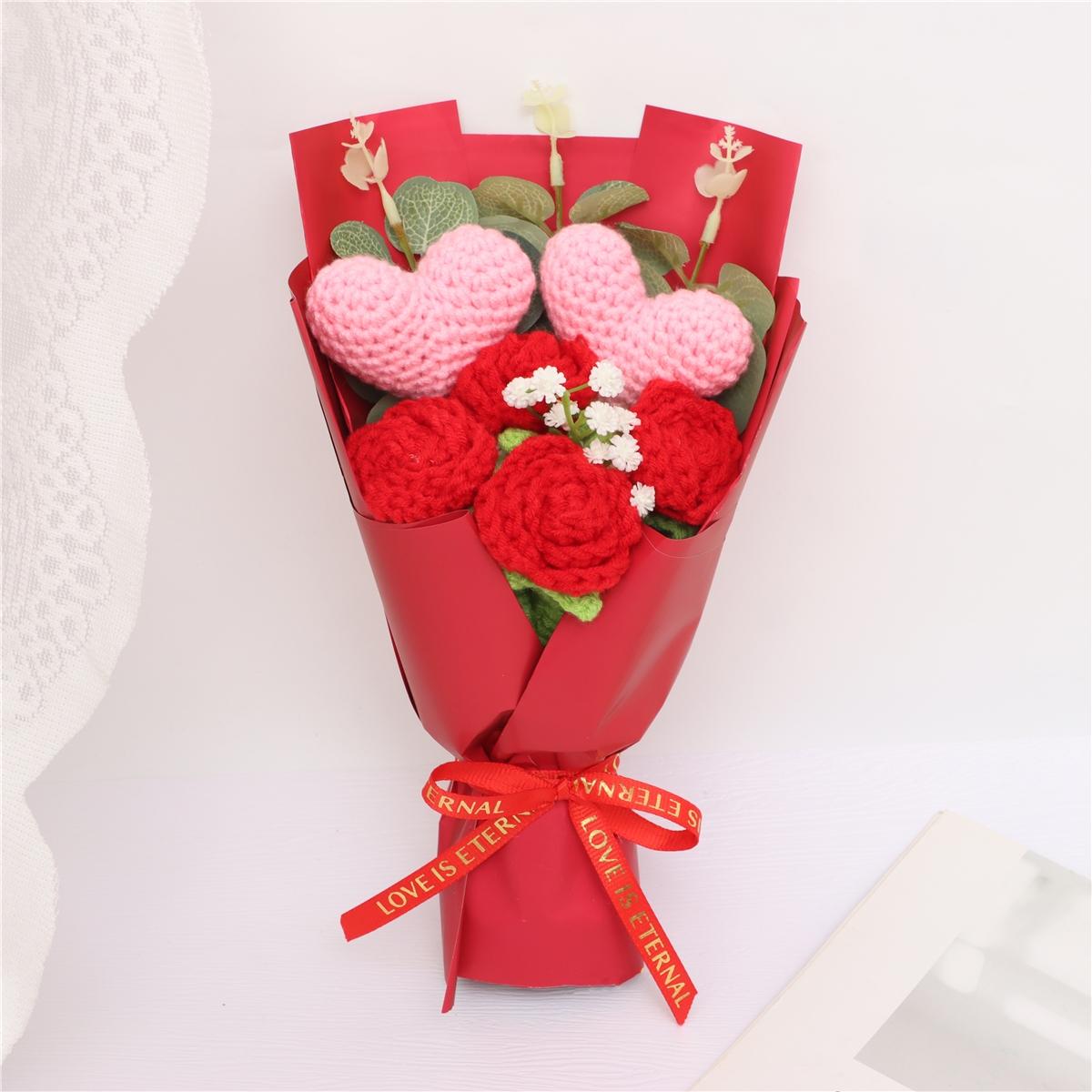 Handmade Knitted Yarn Artificial Flower Bouquet, Heart and Rose Flowers, Perfect Gift for Valentine's Day Mother's Day Thanksgiving
