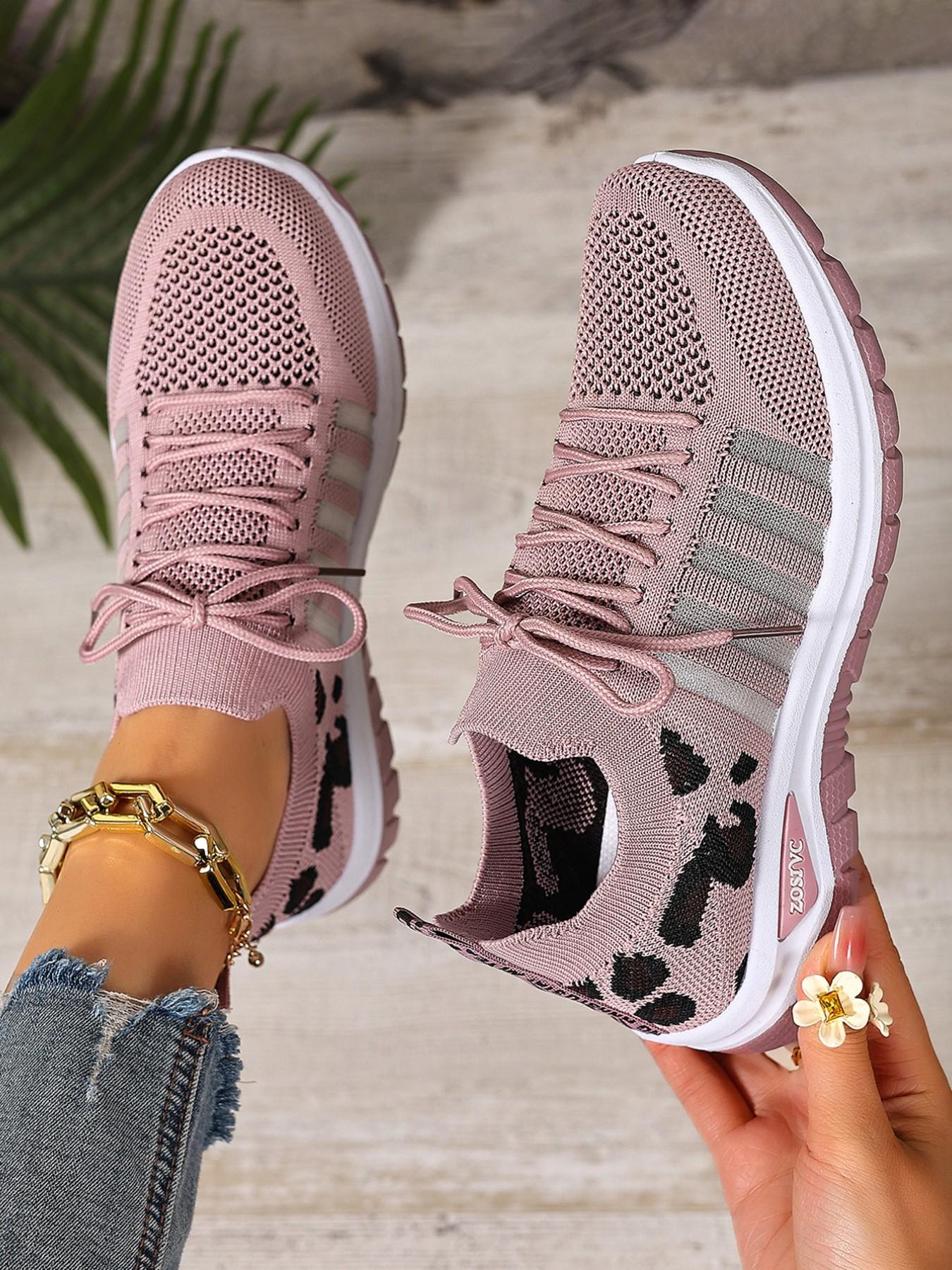 Women's Leopard Print Lightweight Lace-Up Sports Shoes, Breathable Shock Absorption Non-Slip Rubber Sole, Casual All-Season Low Top Sneakers