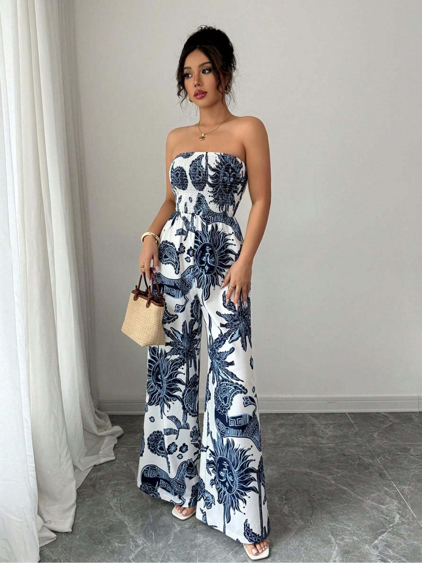 Elegant Women's Strapless Woven Print Romper, Waist-Cinch Wide-Leg Design, Perfect for Vacation & Daily Wear, Stylish One-Piece