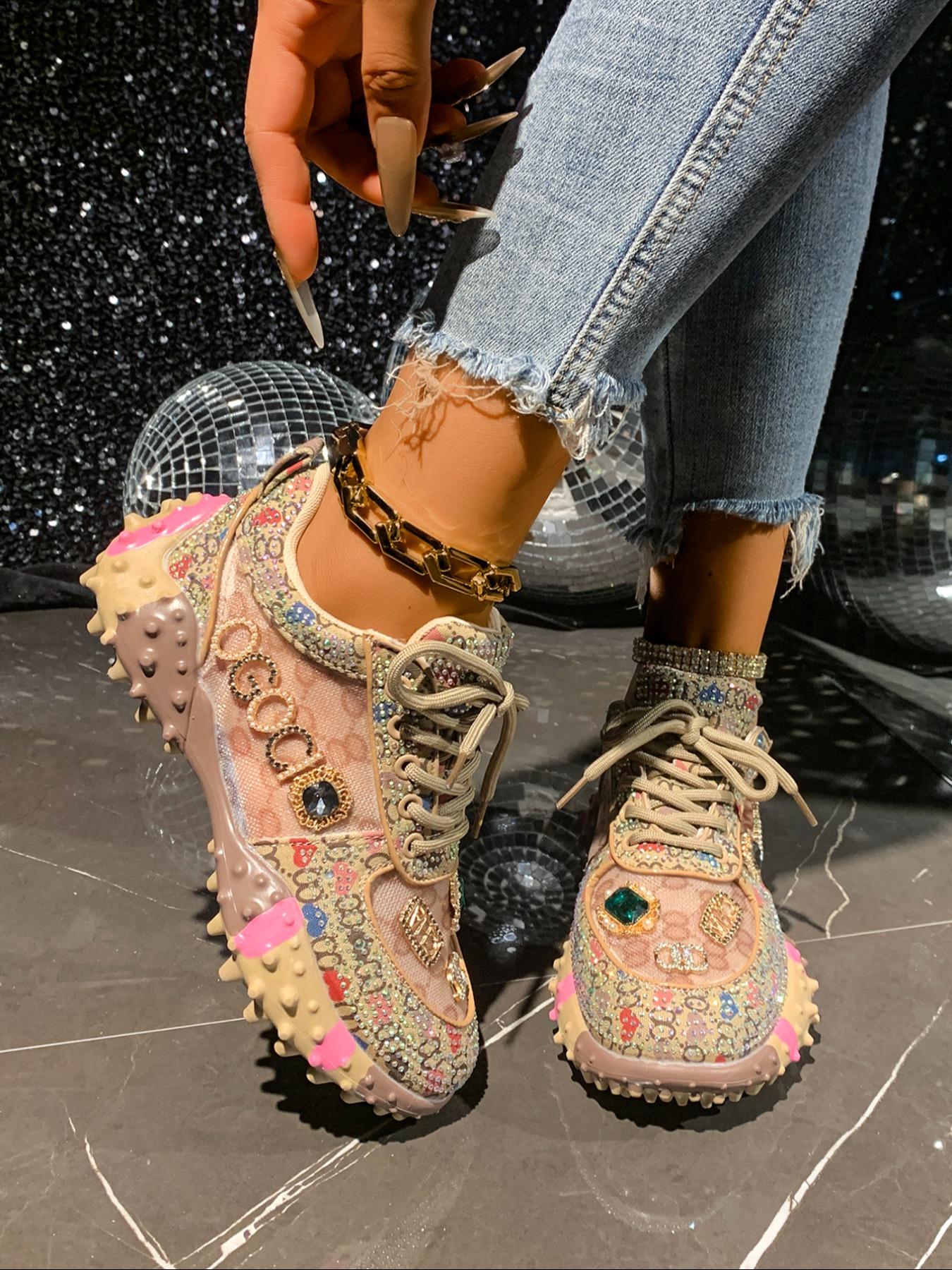 Sweet Cool Full Diamond New Street Casual Sports Shoes, Textile Upper, Rubber Sole, All Seasons, Less Than Ankle Height, Plain Style