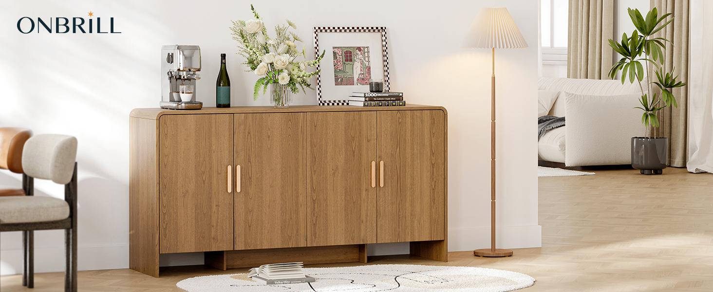 【SPOTLIGHT DAY】ONBRILL Gorgeous 31.5"/60" Sideboard Buffet Cabinet with Storage, Curved Design Modern INS Coffee Bar Cabinet with Doors, Farmhouse Storage Cabinet with Adjustable Shelves for Living Room Kitchen Hallway,Bedroom Furniture