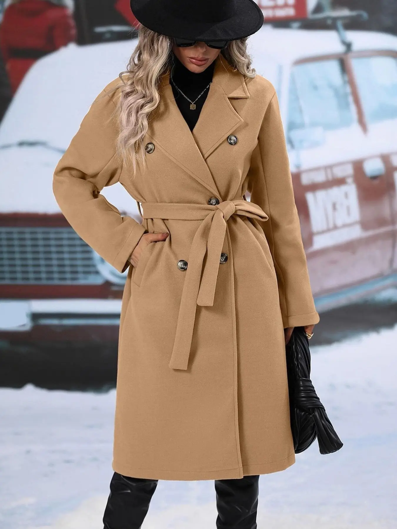 2026 New Fall/winter Women's Double-Blended Coat, Lapel with Self-Tie Belt, Long Sleeves, Mid-Length, Elegant Trench Coat