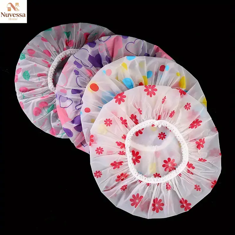 NUVES 4 Pcs Thickened Reusable Waterproof Shower Cap Set, Elastic Plastic Bath Caps, All Over Print Hair Covers, Hair Salon, Cooking and Bathroom Use