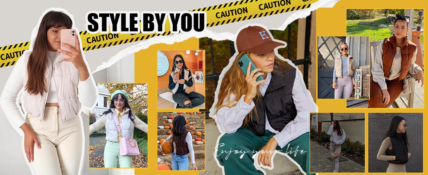 SCUSTY Women's Lightweight Sleeveless Cropped Puffer Vest Zip-Up Stand Collar with Gilet Pockets