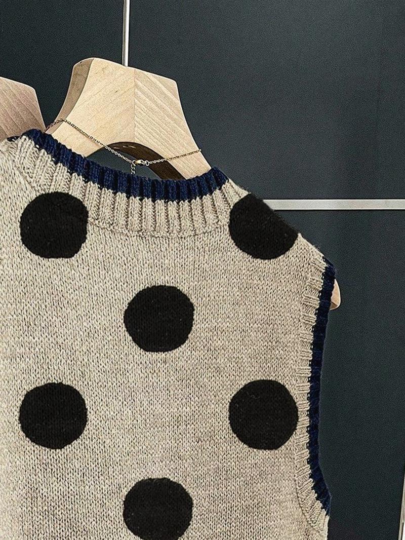 Women's Casual Loose-Fitting Round Neck Sleeveless Knit Top, Colorblock Deep Blue Edge Polka Dot, Spring Summer Fall Outerwear