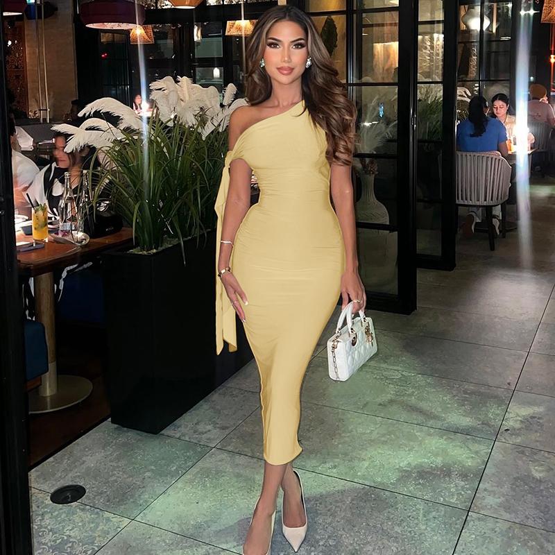 Knotted One Shoulder Tie Bandage Midi Dress for Women's  2025 Summer Asymmetric Sleeveless Bodycon Slim Casual Elegant Sexy Party Club Dating Outfit Dress