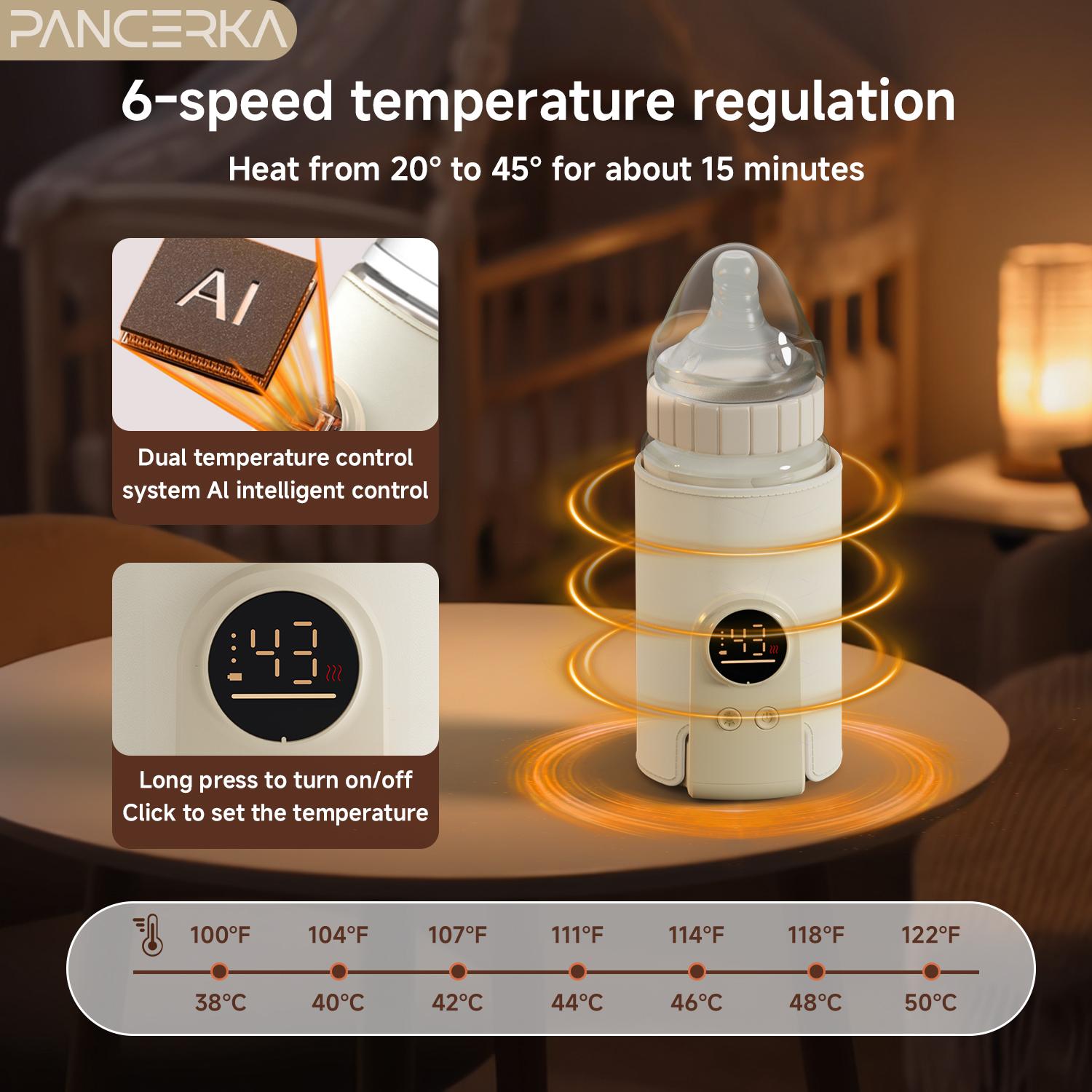 Portable Baby Bottle Warmer with Temperature Monitor, 6 Adjustable Settings, USB Rechargeable, Night Light, Essential Travel Accessory, Fast Bottle Warmers