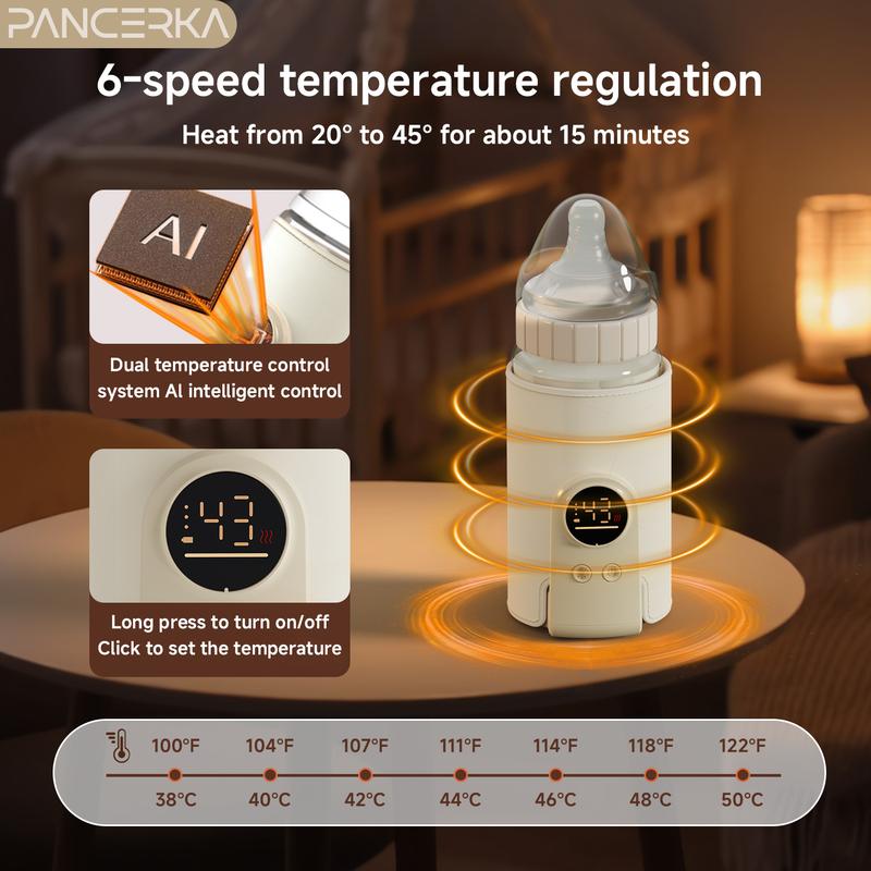 Portable Baby Bottle Warmer with Temperature Monitor, 6 Adjustable Settings, USB Rechargeable, Night Light, Essential Travel Accessory, Fast Bottle Warmers