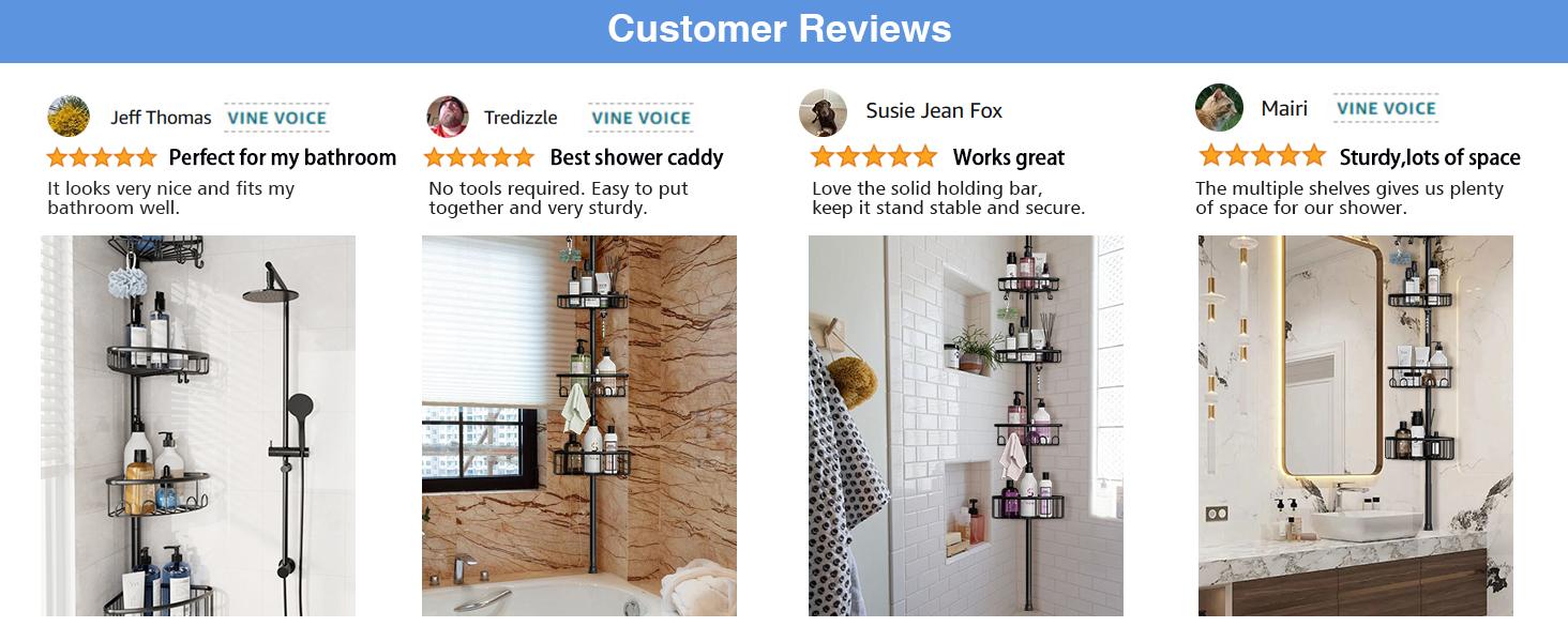 4 Tier Adjustable Corner Shower Caddy – Stainless Steel Rustproof Bathroom Organizer, No-Drill Tension Pole (47-121 Inch), Heavy-Duty Shelves & Hooks for Shampoo, Loofah, Bathtub Shampoo Storage – Quick Assembly, Black Rack