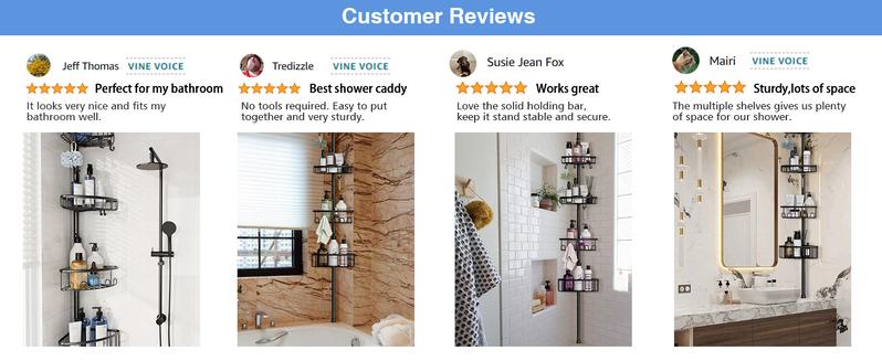 4 Tier Adjustable Corner Shower Caddy – Stainless Steel Rustproof Bathroom Organizer, No-Drill Tension Pole (47-121 Inch), Heavy-Duty Shelves & Hooks for Shampoo, Loofah, Bathtub Shampoo Storage – Quick Assembly, Black Rack