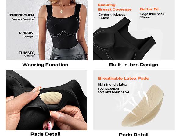 CHICME Built-in Bra Tank Tops U Neck Camisole High Strechy Seamless Women Going Out Tops Everyday Basic Tanks Padded Tops