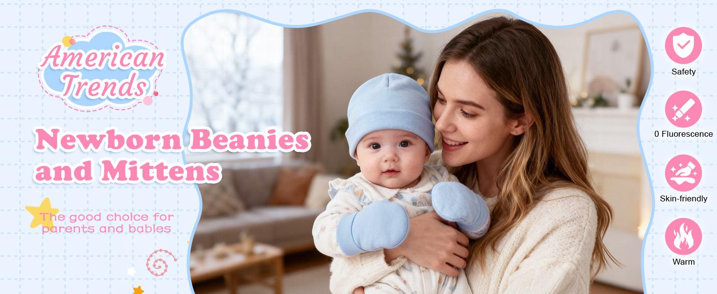 Baby Beanies for Boys Girls Newborn Infant Hat with Mittens Cute Cotton Hospital Hats for 0-6 Months