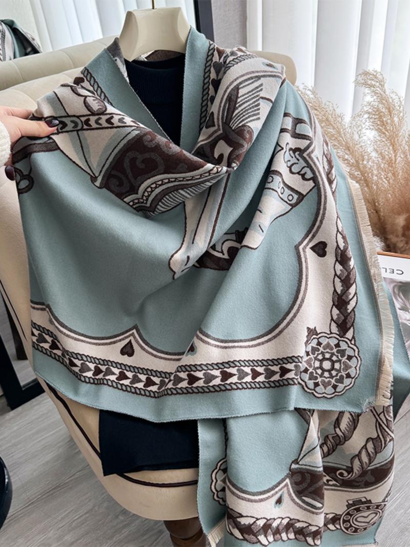 Boho-Style Horse-Pattern Scarf with Fringe-Trim, Casual Soft Warm Shawl for Fall and Winter, Fashion Accessory for Women & Girls