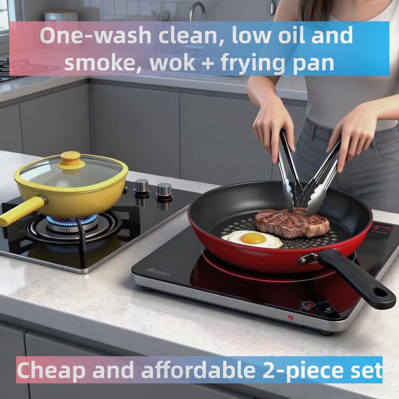 2-Piece Set (28cm Square Pan + 24cm Frying Pan) Ceramic Non-Stick Square Pan Household Gas Stove Wok Flat Bottom Stir-Fry Pan Induction Cooker Non-Stick Flat Bottom Stir-Fry Pan Kitchen Cookware Frying Pan Induction Cooker Gas Stove Universal Wok