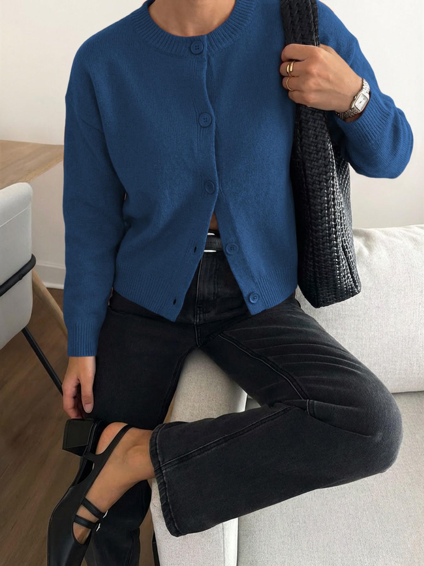 Autumn Winter Women's Casual Knit Cardigan, Elegant Vintage Round Neck Sweater, Simple Lazy Style, Long Sleeve Pullover