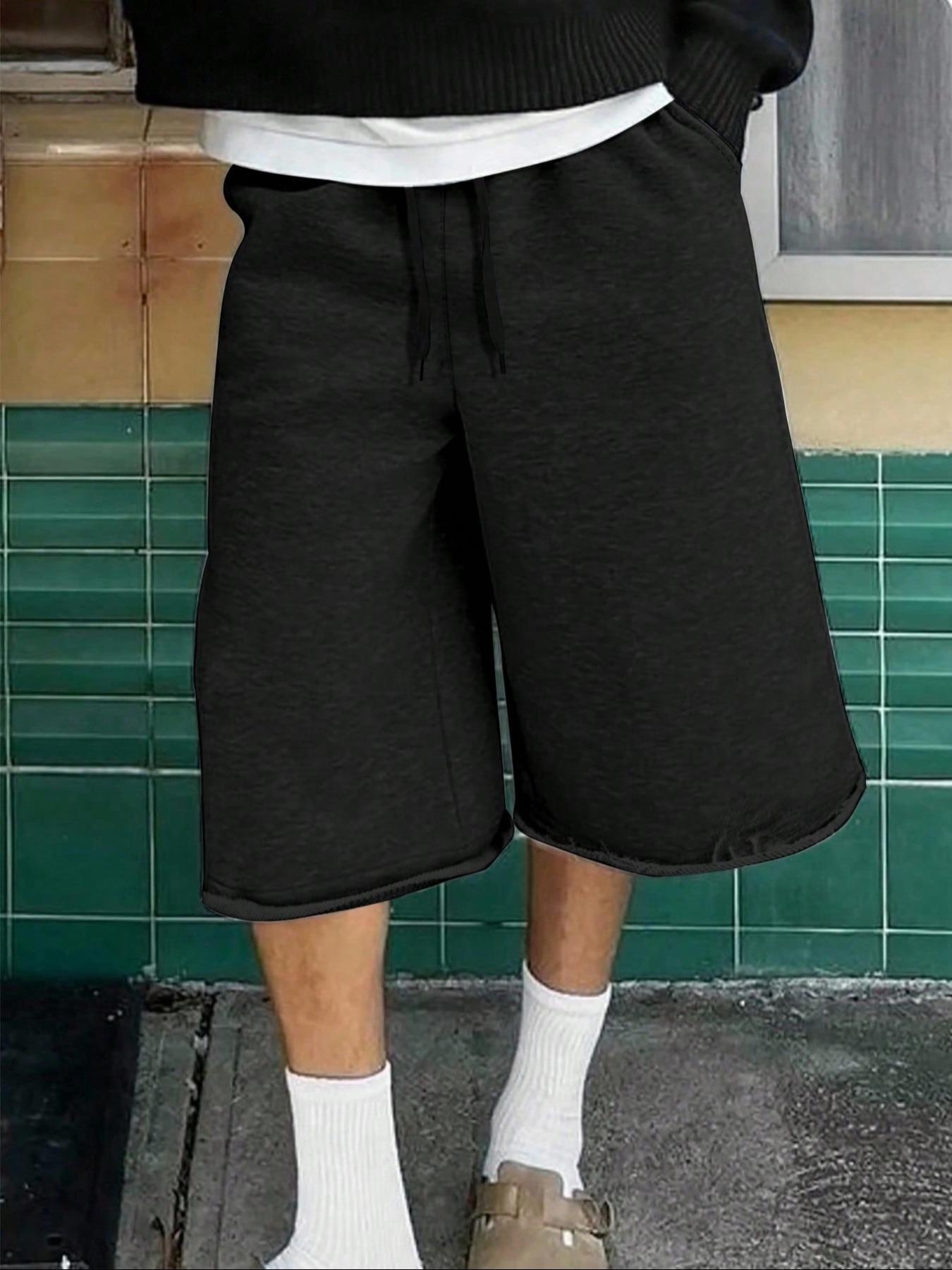 Men's Casual Wide Leg Shorts, Elastic Drawstring Waist, Summer Fitted Plain Sporty Style, Soft Comfortable Daily Wear, Casual Streetwear Shorts