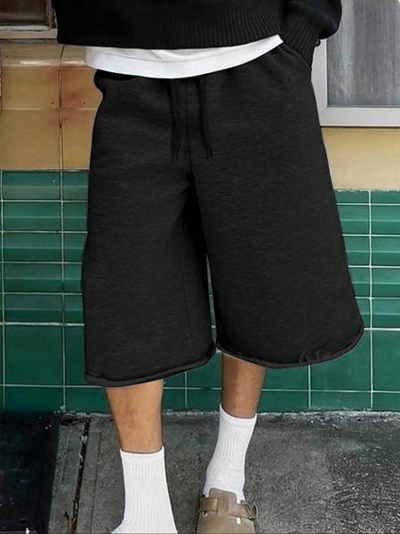 Men's Casual Wide Leg Shorts, Elastic Drawstring Waist, Summer Fitted Plain Sporty Style, Soft Comfortable Daily Wear, Casual Streetwear Shorts