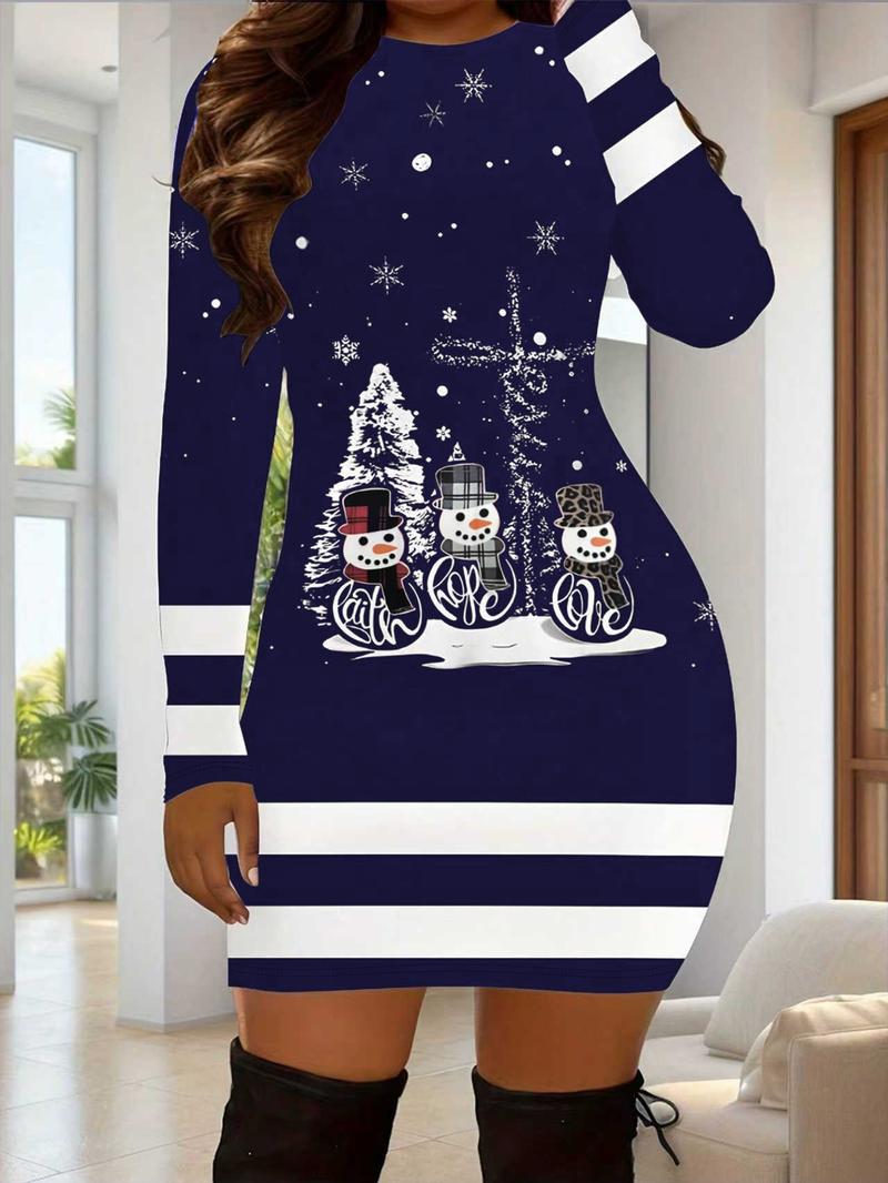 Women's Casual Christmas Print Striped Fitted Dress, Small Snowman Cartoon Print, Long Sleeve, Short Length, Fall Winter Holiday Wear Women's Casual Christmas Print Striped Fitted Dress, Small Snowman Cartoon Print, Long Sleeve, Short Length, Fall Winter Holiday Wear