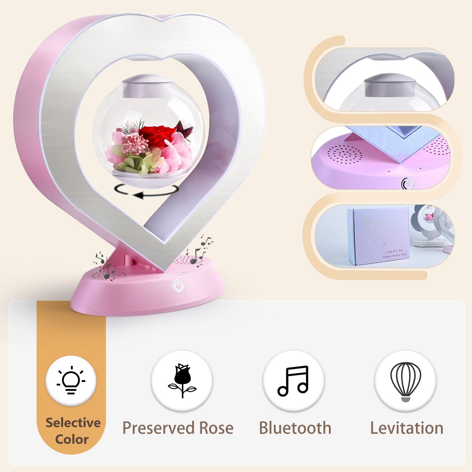 Magnetic Levitation Preserved Rose Flower Table Lamp, Adjustable Color 5W LED Light with Pink Bluetooth Speaker, Home Indoor Decoration Night Light, Christmas, Valentine's Day, Mother's Day Gifts