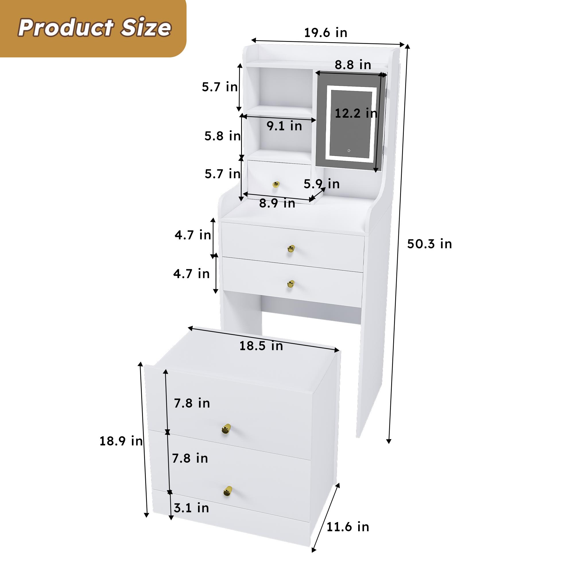 Makeup Vanity Table for Small Spaces, 3-in-1 Dressing Table with LED Mirror & Storage Stool, Compact Vanity with 4 Drawers, Storage Cabinet & Hidden Stool, Space-Saving Makeup Vanity Desk for Bedroom or Apartment (White)