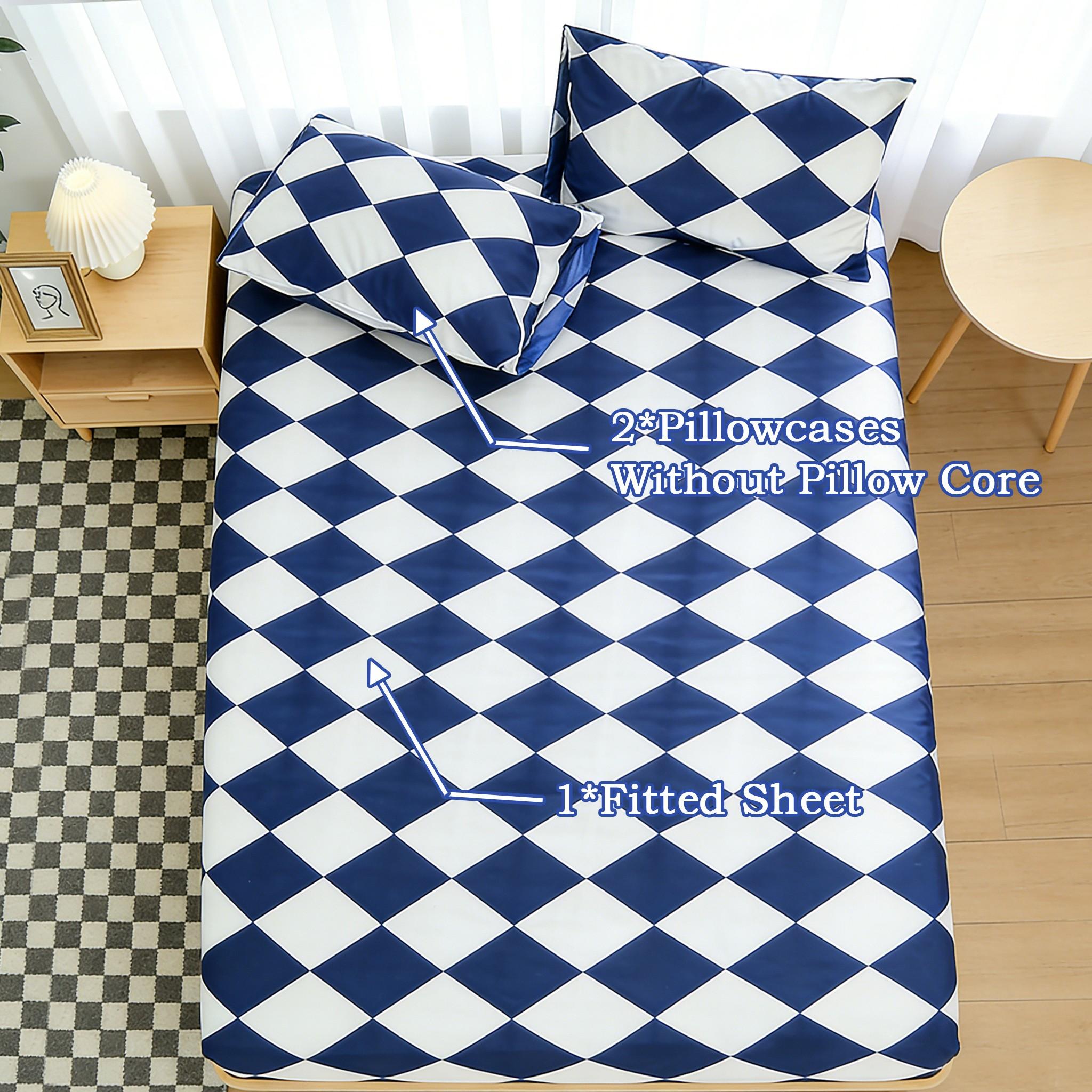 3-Piece Blue Geometric Fitted Sheet Set, Includes 1 Breathable Fitted Sheet + 2 Pillowcases, Soft Comfortable Fabric, Versatile Bedroom Decor, Ideal Gift for Boys, Soft Bedding Sets