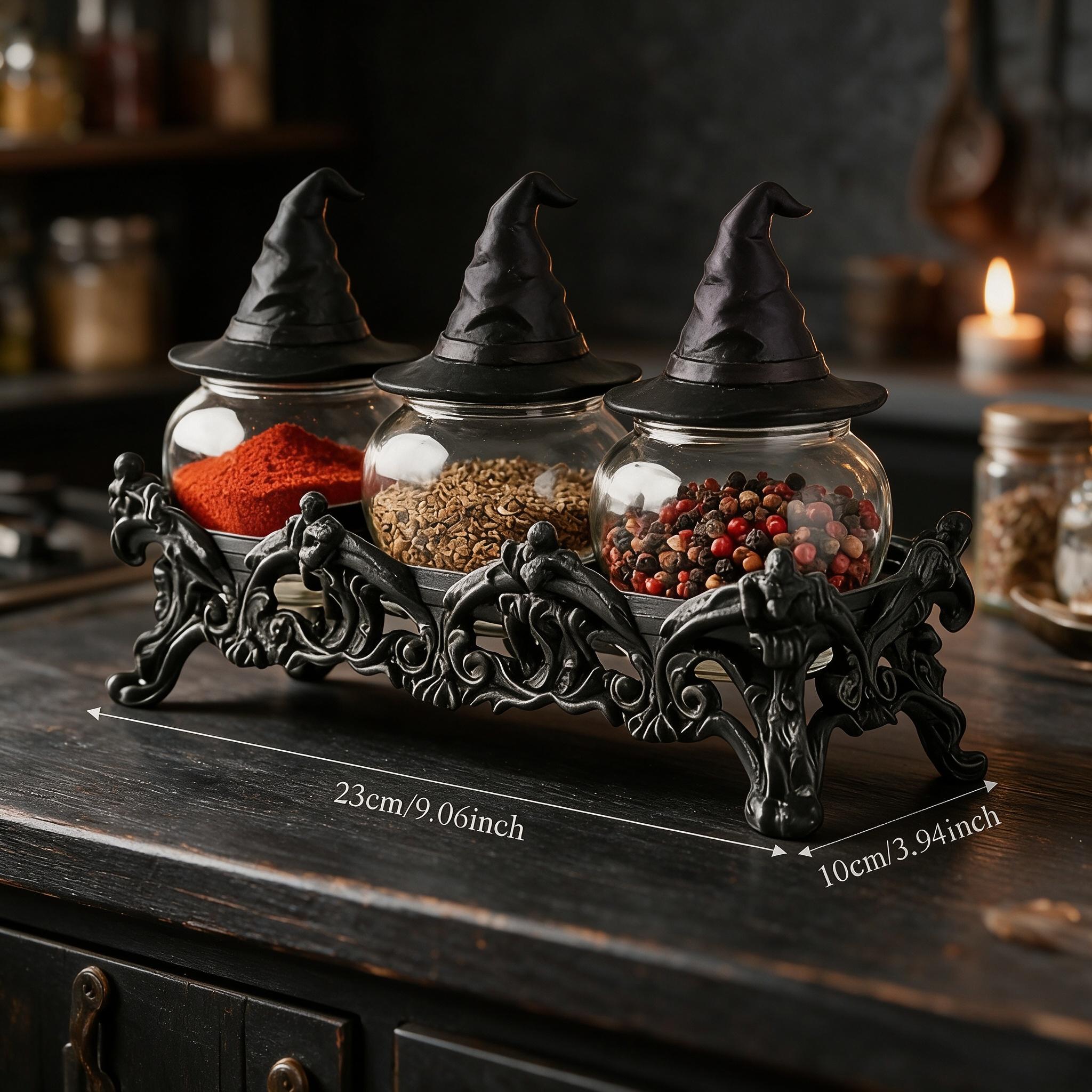 Three Witch Potion Jar Spice Storage Set Gothic Jar Bodies with Handmade Vintage Glass Witch Hat Lids, It Balances Decorative Appeal And Practicality, Serving As Ideal Gifts for Halloween And Easter, And Is Suitable for Gothic-themed Kitchens.