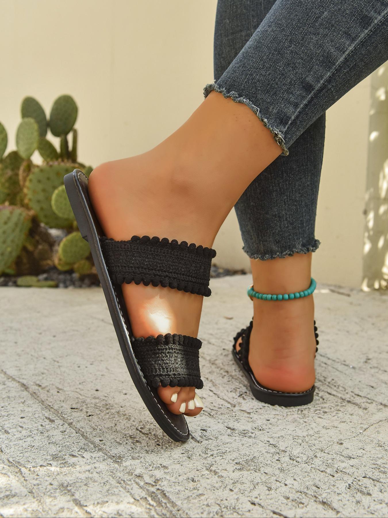 Women's Fashionable Plain Color Crochet Slides, Boho Style Slides, Casual Comfortable Slippers for Summer, Lightweight Breathable Slippers for Beach Vacation, Footwear