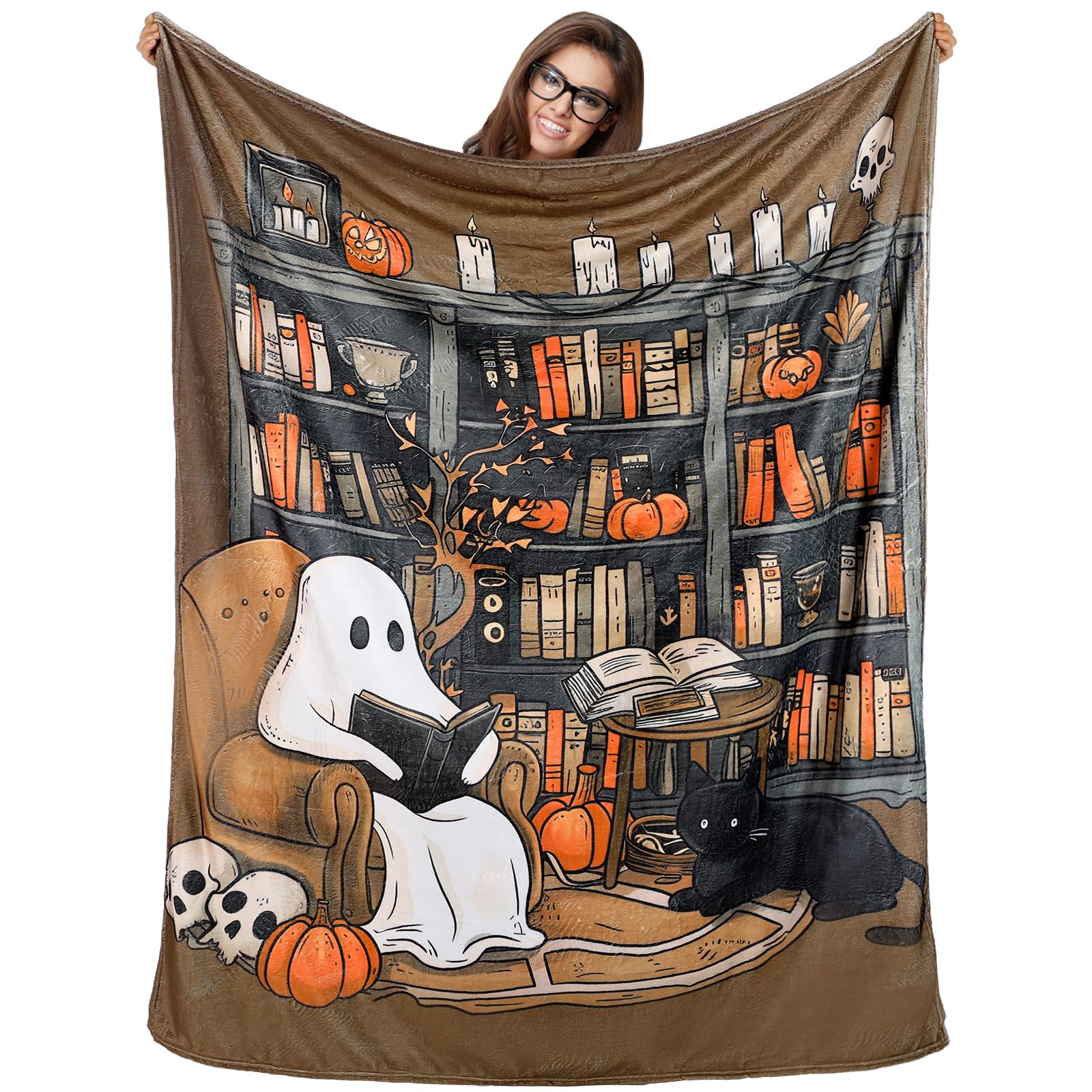 Clearance Sale Halloween Cute Ghost Throw Blanket with Bookshef Design Soft Cozy Blanket for Fall Reading Nook Autumn Winter Decor for Couch Sofa Bedroom Office Home Spooky Blanket Boo Basket Gift for Women Men Wife Book Lovers Outdoor Halloween Decor