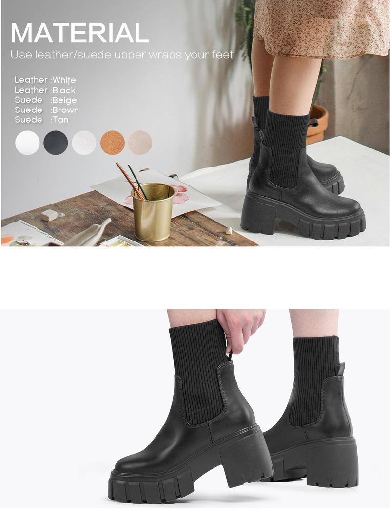 FITORY Women's Round Toe Boots, Elastic Ankle Boots, High Heels, Thick Heels, Mid-heeled Boots Size 6-11 Platform Girl